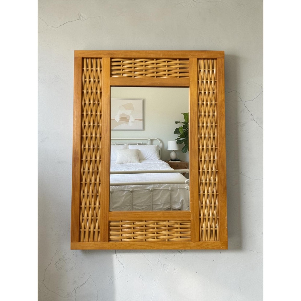 Vintage Rattan Wall Mirror - Woven Wicker Wood Boho Cottage Decor